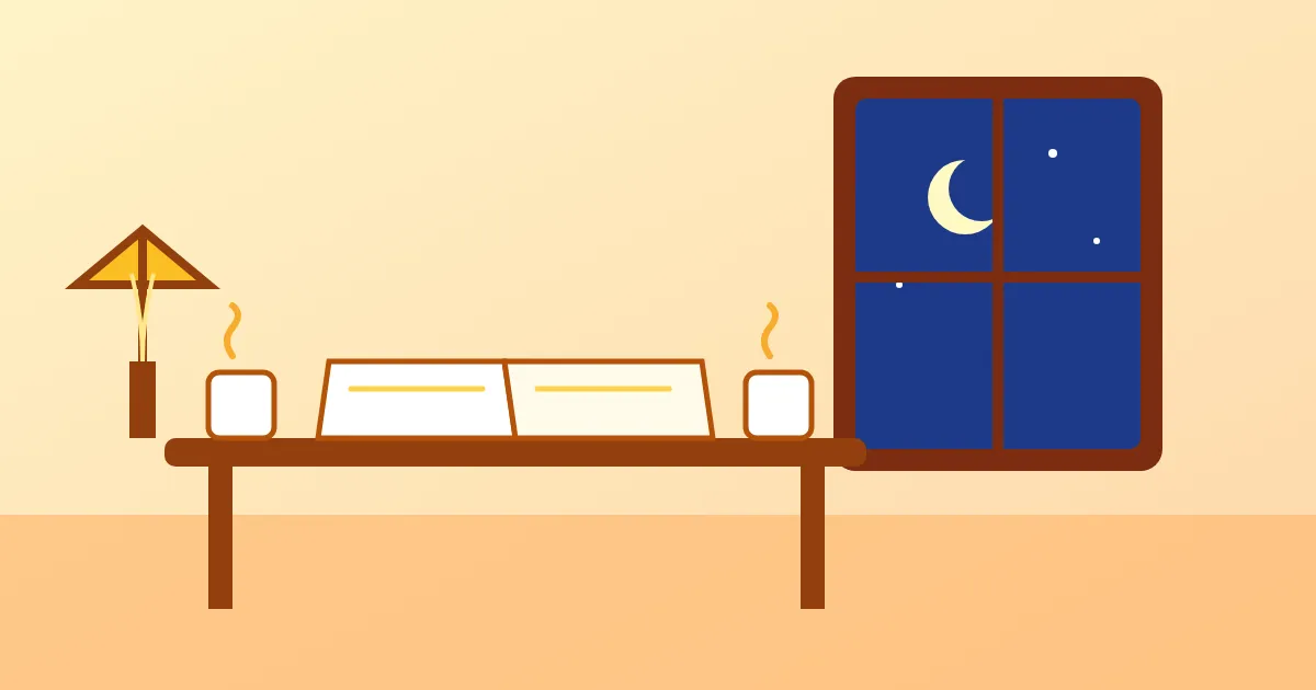 Gece lambası, iki fincan çay ve açık kitapla sakin bir çalışma masası illüstrasyonu