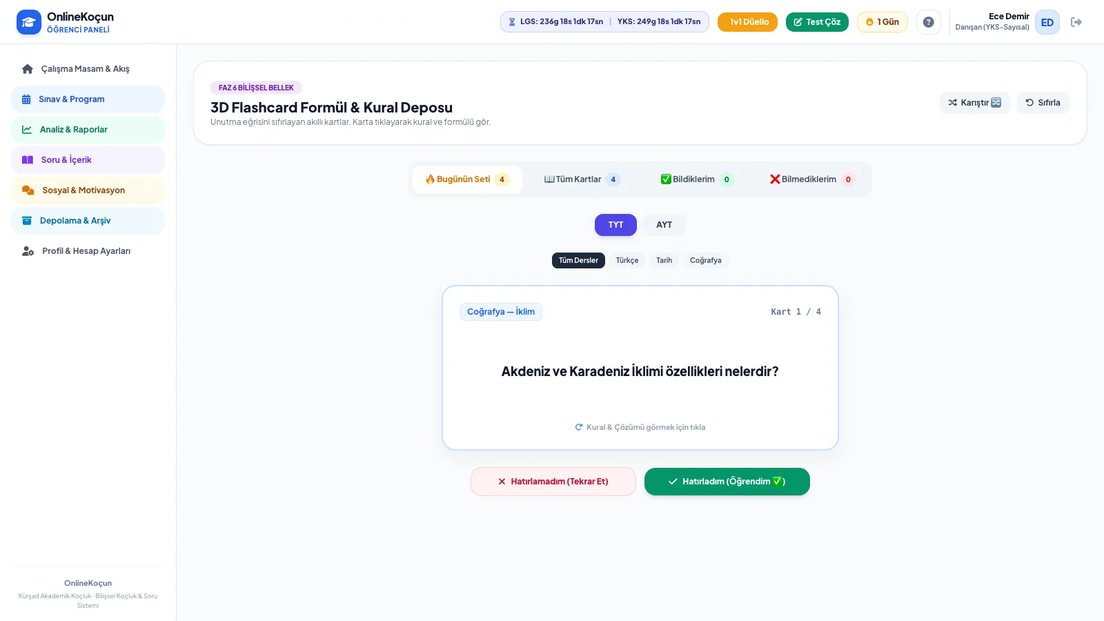 3D Flashcard günlük tekrar seti — gerçek ekran görüntüsü